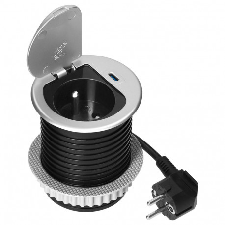 Süvistatav mööblipistikupesa 6cm tööpinnale, katte, USB-laadija ja 1,9m kaabliga, 1x2P+Z (Prantsuse)