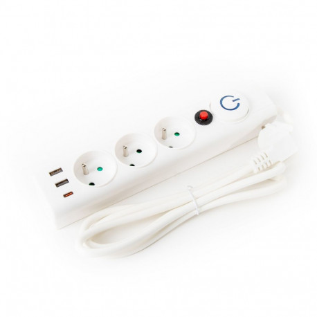 FIESTA EXTENSION CORD 1,5M 10A 3 SOCKET 3 USB TYPE E FRENCH WHITE
