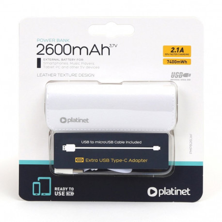 PLATINET POWER BANK LEATHER 2600mAh WHITE + microUSB cable [43407]