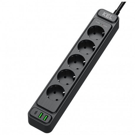 KEL liigpingekaitsega pikendusjuhe 5 pistikupesa 2P+E, 2 USB-A pesa, 1 USB-C pesa, 1,5m, Schuko