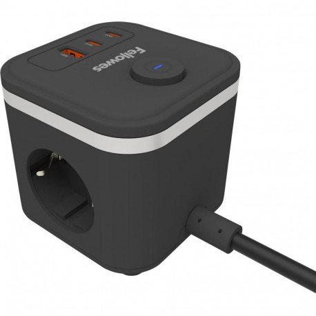 Pikendusjuhe FELLOWES Ampra 3-pesa, 1 x USB-A ja 2 x USB-C, lülitiga must