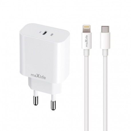 Maxlife võrgulaadija PD QC MXTC-06-20C 1× USB-C 20W, valge + USB-C–Lightning-kaabel 20W