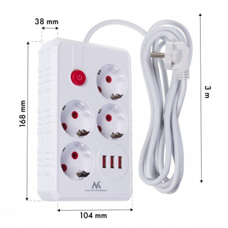 Pikendusjuhe MCE393 W, 4 pistikupesa, 3xUSB, 110-240V AC 50/60Hz, max 2.1A 2500W, 3m, valge