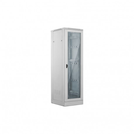 Szafa 24U 600x600, drzwi przednie szklane, drzwi tylne metalowe pełne, zamek, 4 belki nośne, cokół w