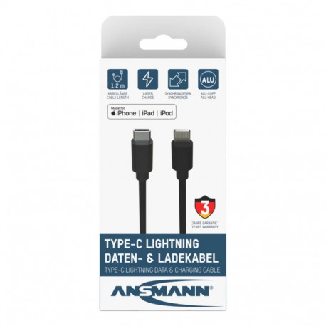 Ansmann mobiiltelefoni kaabel 1700-0106 USB C Lightning 0.12m, must