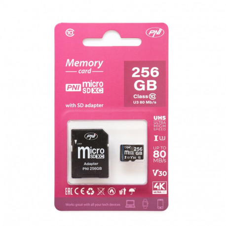 PNI 256 GB MicroSD-mälukaart SD-adapteriga Klass 10, 80 Mb/s, V30