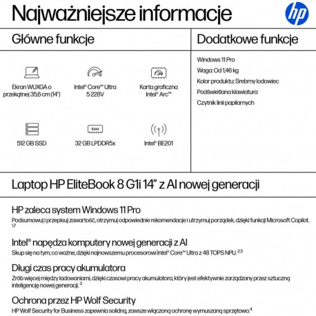 HP sülearvuti EliteBook 8 G1i 14 14"WUXGA/Ultra 5 228V/32GB/SSD512GB/Arc 130V/11PR/3Y, liustikuhõbed