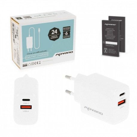 GaN 20W USB-C PD + USB-A laadija, valge