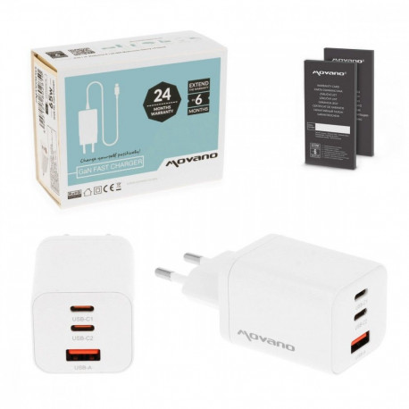 GaN 65W 2x USB-C PD + USB-A laadija, valge