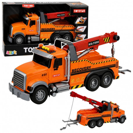 Puksiirauto kraanaga, maanteeabi, konks, valgus- ja heliefektid, oranž, 1:18