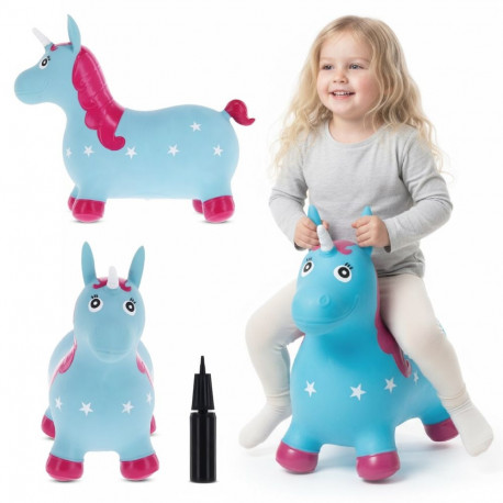 Kummist hüppeloom ükssarvik 60cm pumbaga, sinine ja roosa