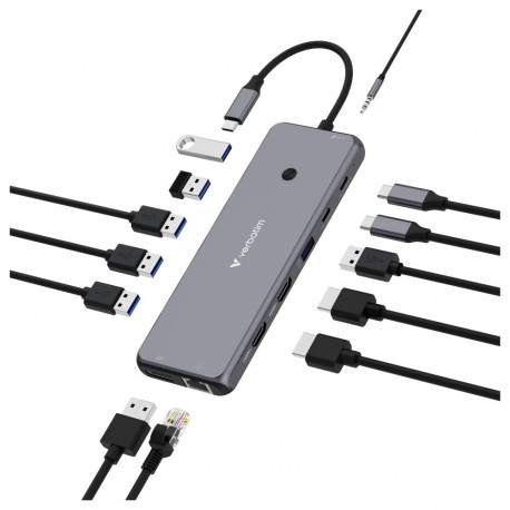 "D Verbatim USB-C Pro Multiport-Hub CMH-13, 13 Port (grau, 2x HDMI, DP, RJ-45, 6x USB-A, Audio, 2x U
