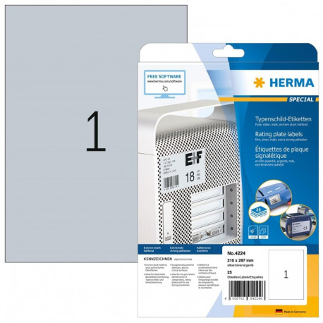 HERMA Typenschildetiketten A4 silb. 210x297 mm Folie 25 St.