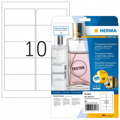 HERMA Labels transparent crystal-clear A4 96x50.8 mm transparent clear film glossy 250 pcs.