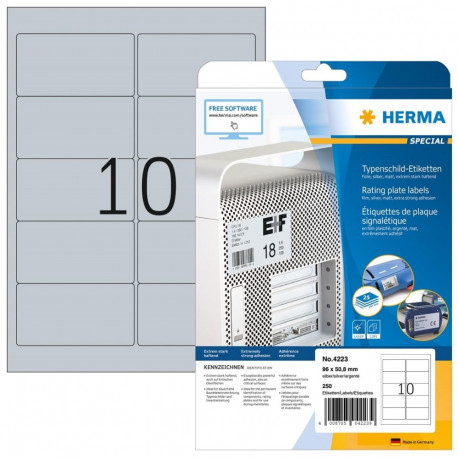 HERMA Rating plate labels A4 96x50.8 mm silver extra strong adhesion film matt 250 pcs.