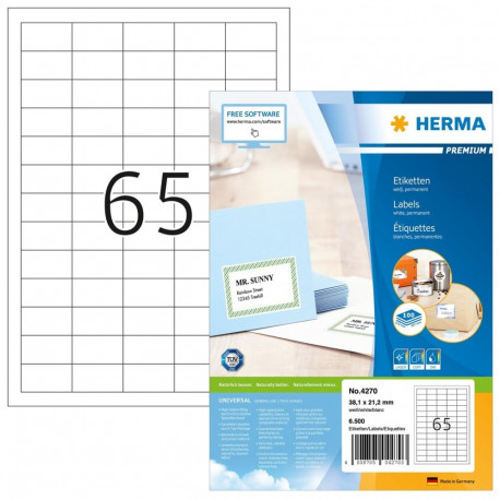 HERMA Etiketten A4 weiĂź 38,1x21,2 mm Papier 6500 St.