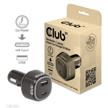 Club3D USB KFZ-LadegerĂ¤t 1xUSB C, 1xUSB A, 63W, 12/24V retail