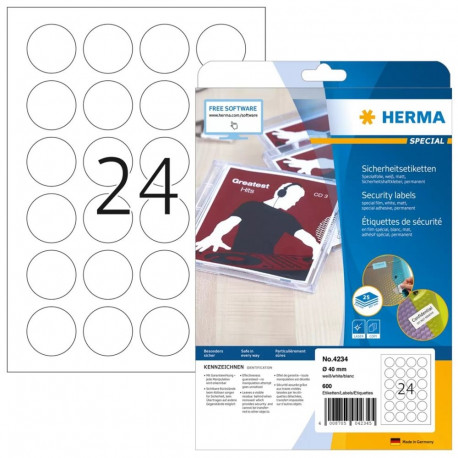 HERMA Security labels A4 Ø 40 mm round white extra strong adhesion film matt 600 pcs.