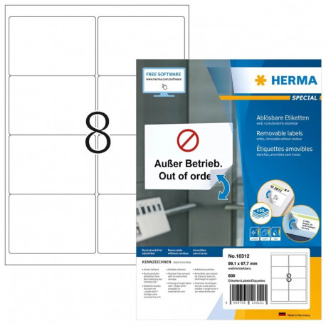 HERMA aadressisildid A4 99.1x67.7mm Movables ümberpaigutatavad, mattpaber, 800tk, valge