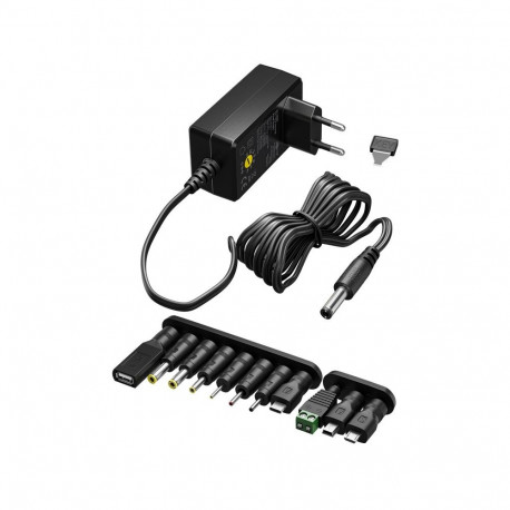 Universaalne toiteplokk, 3-12V, 0.3A, 3.6W, 1x USB-C, 1xUSB-A, 1x USB micro + 7 DC adapterit, must