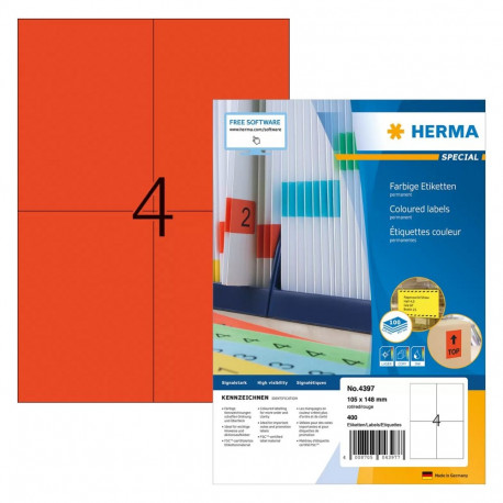 "HERMA Etiketten A4 rot 105x148 mm Papier matt 400 St."