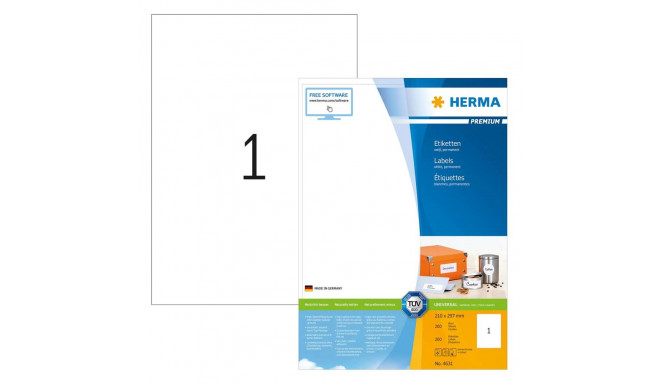 HERMA paberetiketid Premium A4 210x297mm 200tk, valged