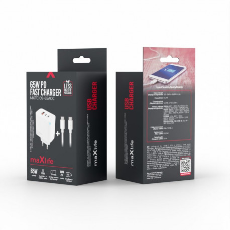 Maxlife MXTC-09-65ACC PD QC charger 2x USB-C 1x USB 65W white + USB-C - USB-C cable 2.0m 100W