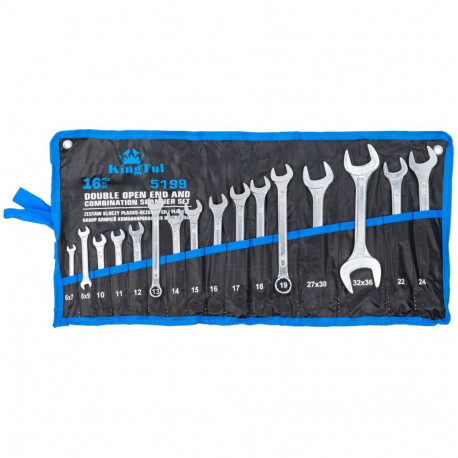 Kingtul Combination and Open-End Wrench Set KT-5199, 16 pcs, 6x7mm, 8x9mm, 27x30mm, 32x36mm, CrV, an