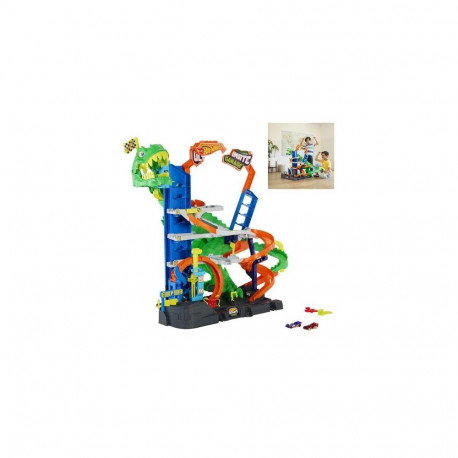 Hot Wheels City Ultimate T-Rex Garage with 2 Toy Cars & Storage for 50+, Race & Stunt, Dino 