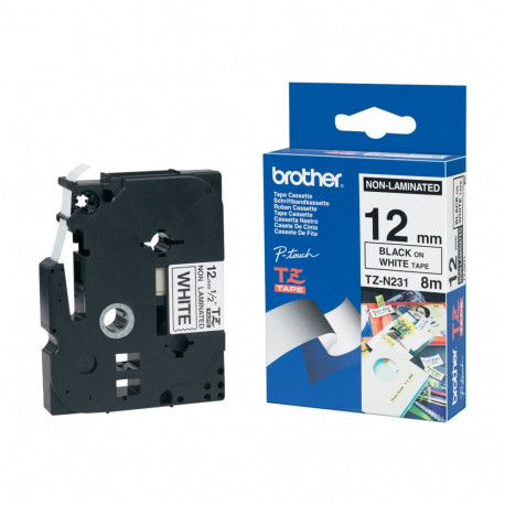 Brother etiketikassett TZEN231 12mm 8m P-touch 200 300 500 1200 seeriale, valge mustal