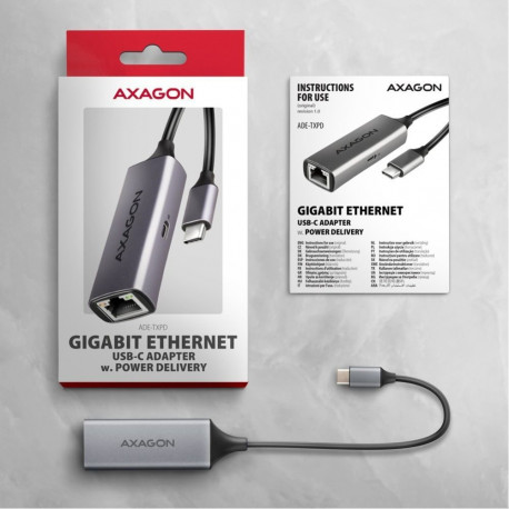 Axagon AXAGON ADE-TXPD USB-C USB3.2 Gen 1 - Gigabit Ethernet + PD 100W Switch comp. metal grey