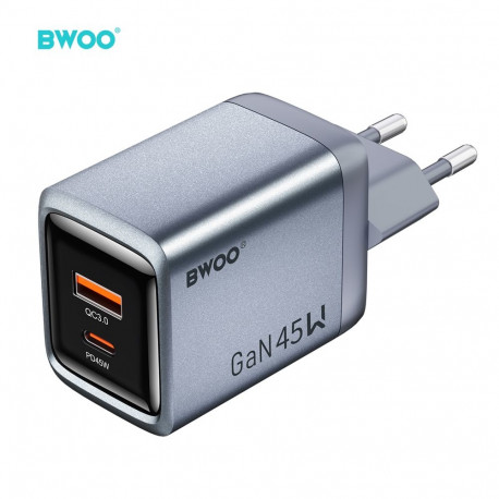 BWOO BO-CDA240 wall charger 1xUSB-A + 1xUSB-C 3A PD 45W + QC 18W grey with PPS
