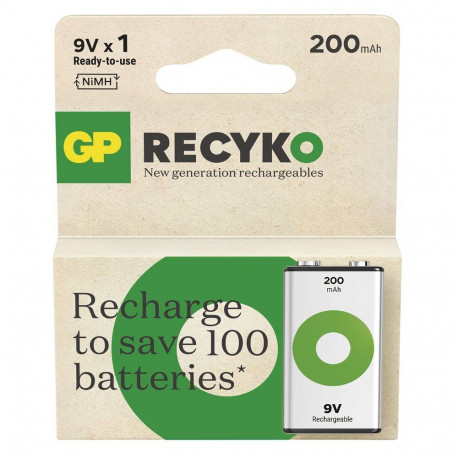 Rechargeable Battery - 6f22 AKU 1BL GP ReCyko 200mAh, 80% Charge Retention, Biodegradable Packaging,