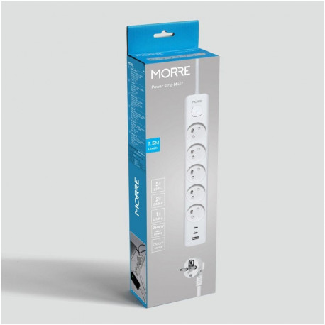 Power Extension Cord - Morre M407 1.5 m 5-Outlet Power Strip with 2 USB-C and USB-A, White