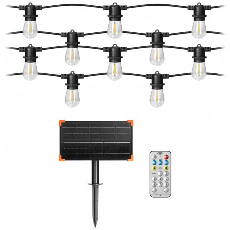 Päikesetoitega valguskett – 1 20m pikkune kett (20 soklit) + 20 LED-pirni 0,1W E27, 3000K + 1 pirn t