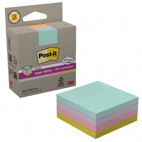 Märkmepaber iseliimuv Post-it 654 Super Sticky Recycled Notes, 76 x 76mm kuubis 276 lehte, pastell a