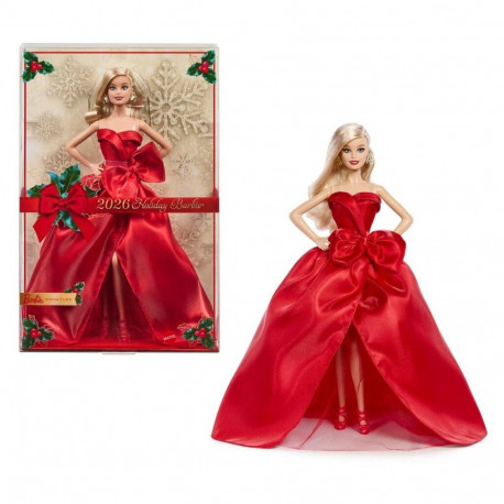 Barbie Signature pühade moenukk 2026, hooajaline kollektsionäär, blond, punase lehviga kleidis
