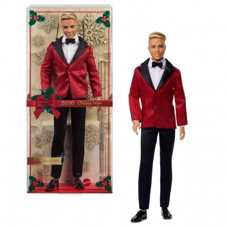 Barbie Signature 2026. aasta pühadeteemaline blond Ken kollektsioneeritav moenukk, seljas punase pin