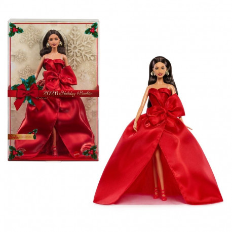 Barbie Signature 2026 Holiday Fashion Doll, Seasonal Collector, Brown Hair with Red Gown with Bow De
