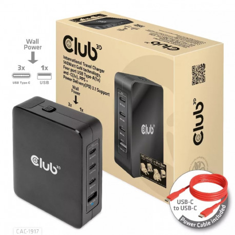 CLUB3D rahvusvaheline reisilaadija 140W GaN-tehnoloogiaga, neli USB-porti: USB Type-A (1x) ja USB Ty