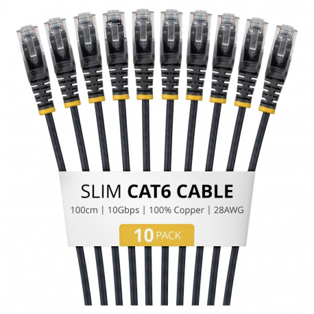 "STARTECH.COM 1m Black Slim CAT6 Cable 10 Pack Snagless 100W PoE UTP LSZH 28AWG Pure Bare Copper Wir