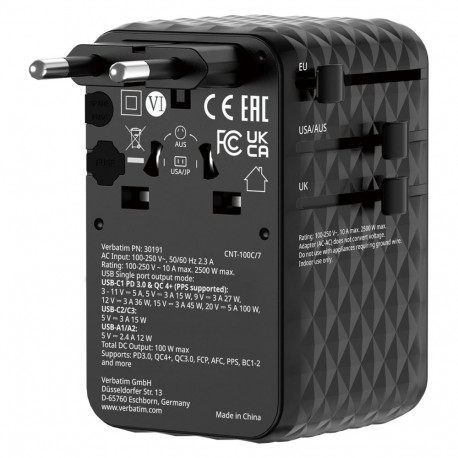 "Verbatim Charge 'n' Travel 100W GaN III Universal Travel Adapter with Retractable USB-C Cable, 2 x 