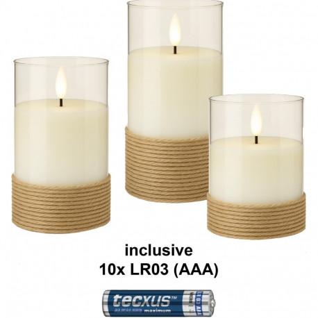 Goobay Set of 3 LED Real Wax Candles in Glass, White, Wrapped with Hemp, incl. 8x AA (LR6)