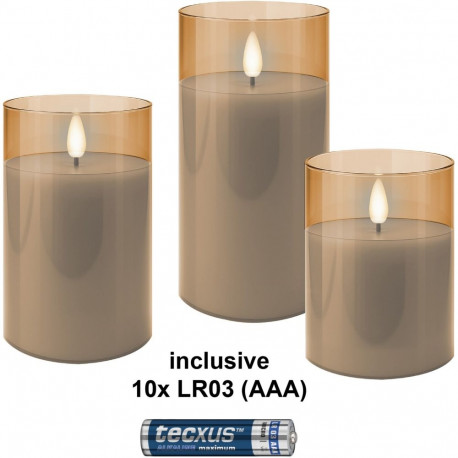 Goobay Set of 3 LED Real Wax Candles in Glass, Gold-Transparent, incl. 10x AAA (LR03)