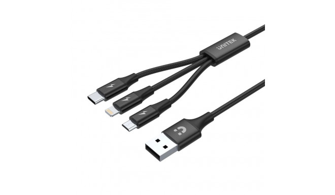 UNITEK USB-kaabel C14049BK USB 2.0 1.2m USB C Micro-USB B/Lightning, must