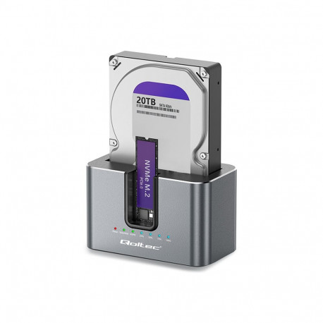 Qoltec dokkimisjaam 52631 HDD/SSD SATA M.2 NVMe kloonimine USB-C 10Gb/s 28TB