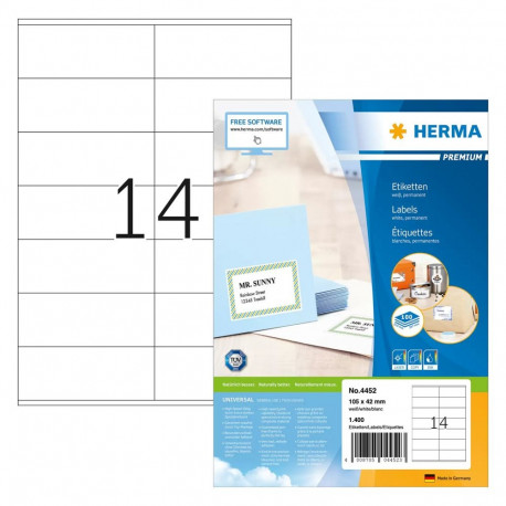 HERMA esmaklassilised paberetiketid A4 105x42mm, valged, 1400tk
