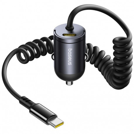 Baseus USB-C autolaadija sisseehitatud 30W USB-C spiraalkaabliga, must