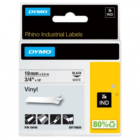 Dymo vinüülrull IND, must tekst valgel (1.9cm x 5.5m)
