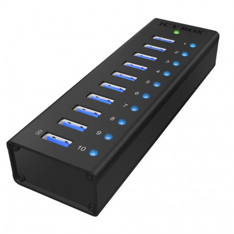 ICYBOX USB-jaotur IB-AC6110 10-pordiline USB 3.0 USB-laadimispordiga, must
